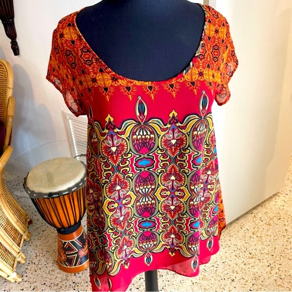 Anthropologie Boutique Bohemian Print short sleeve Swing Top! Medium